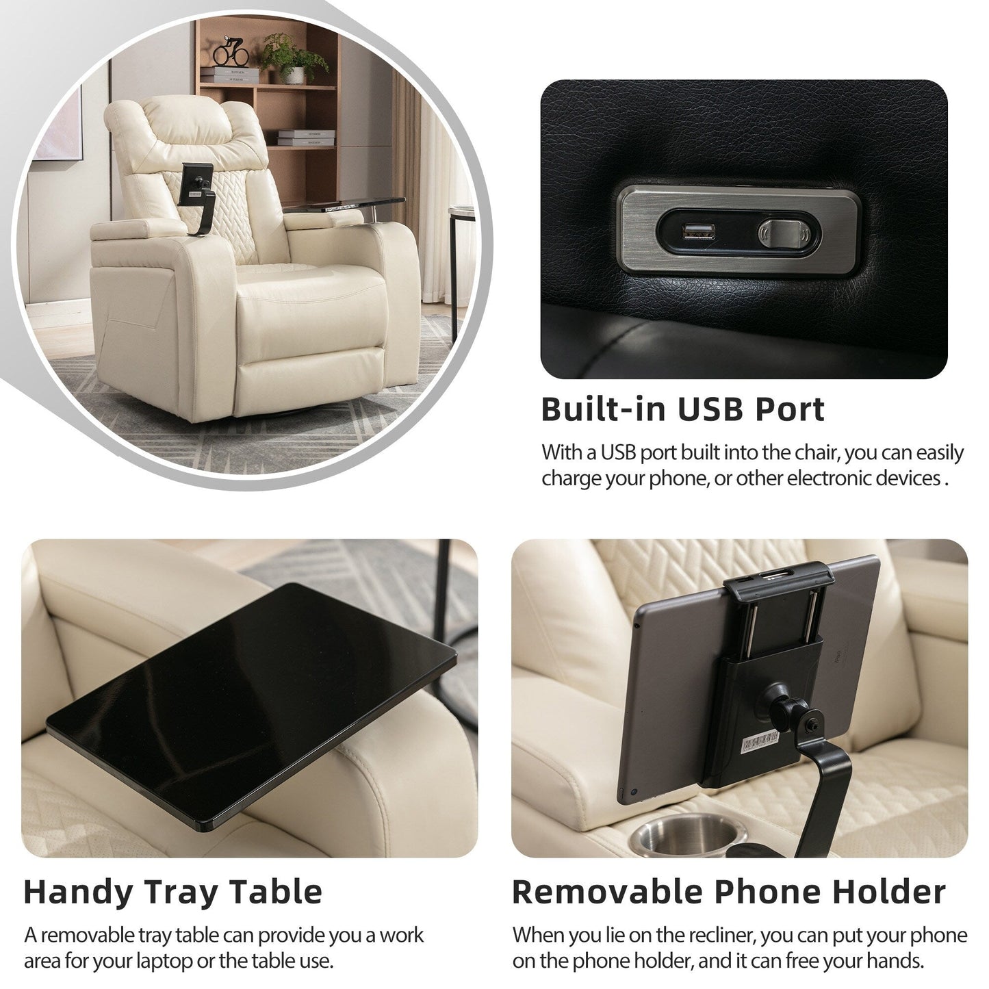 Poltrona reclinabile elettrica girevole a 270 gradi in pelle PU, con sedile singolo, per home theater, con comodo schienale e tavolino.