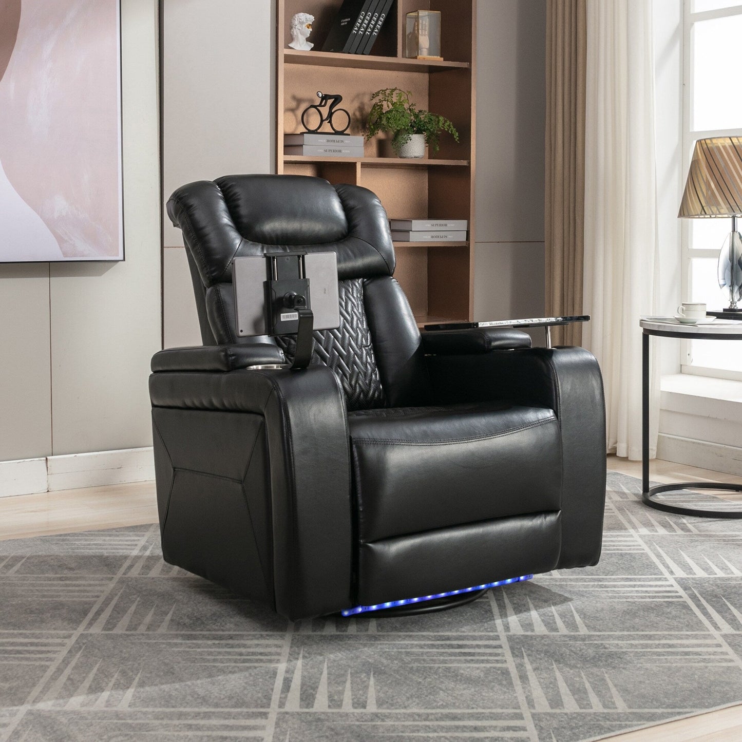 Poltrona reclinabile elettrica girevole a 270 gradi con sedile singolo, tavolino, porta telefono, porta bicchiere, porta USB