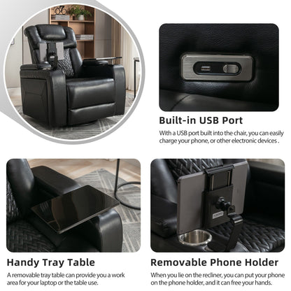 Poltrona reclinabile elettrica girevole a 270 gradi con sedile singolo, tavolino, porta telefono, porta bicchiere, porta USB