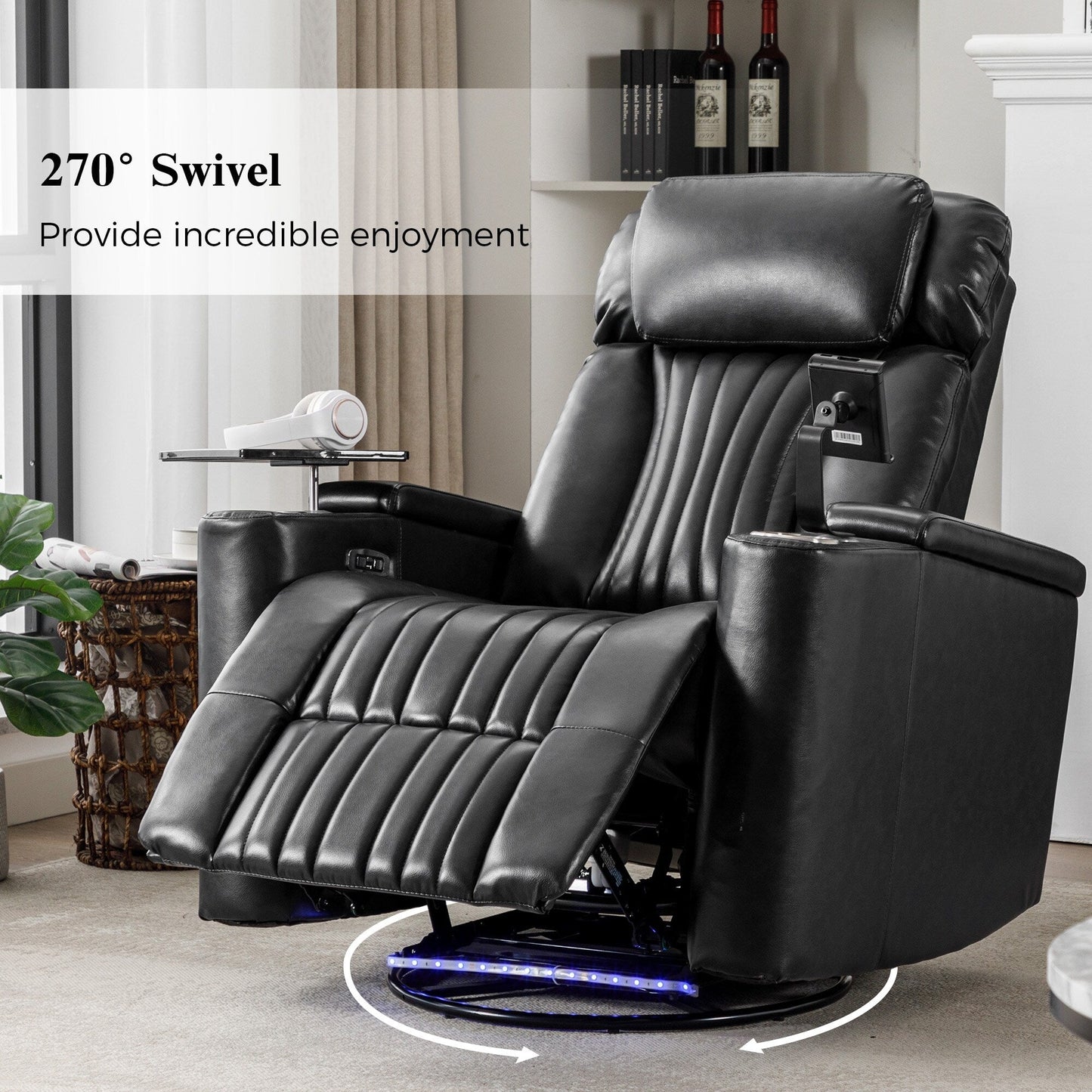Poltrona reclinabile elettrica girevole a 270°, seduta per home theater con bracciolo nascosto e striscia luminosa a LED, portabicchieri