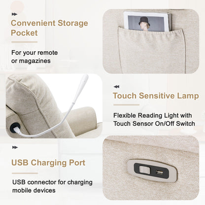Poltrona reclinabile girevole a 270° con porte USB, lampada touch, tasca laterale portaoggetti e base basculante