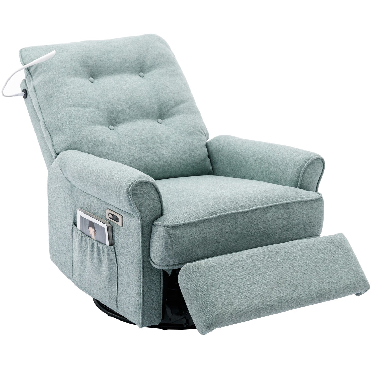 Poltrona reclinabile girevole a 270° con porte USB, lampada touch, tasca laterale portaoggetti e base basculante