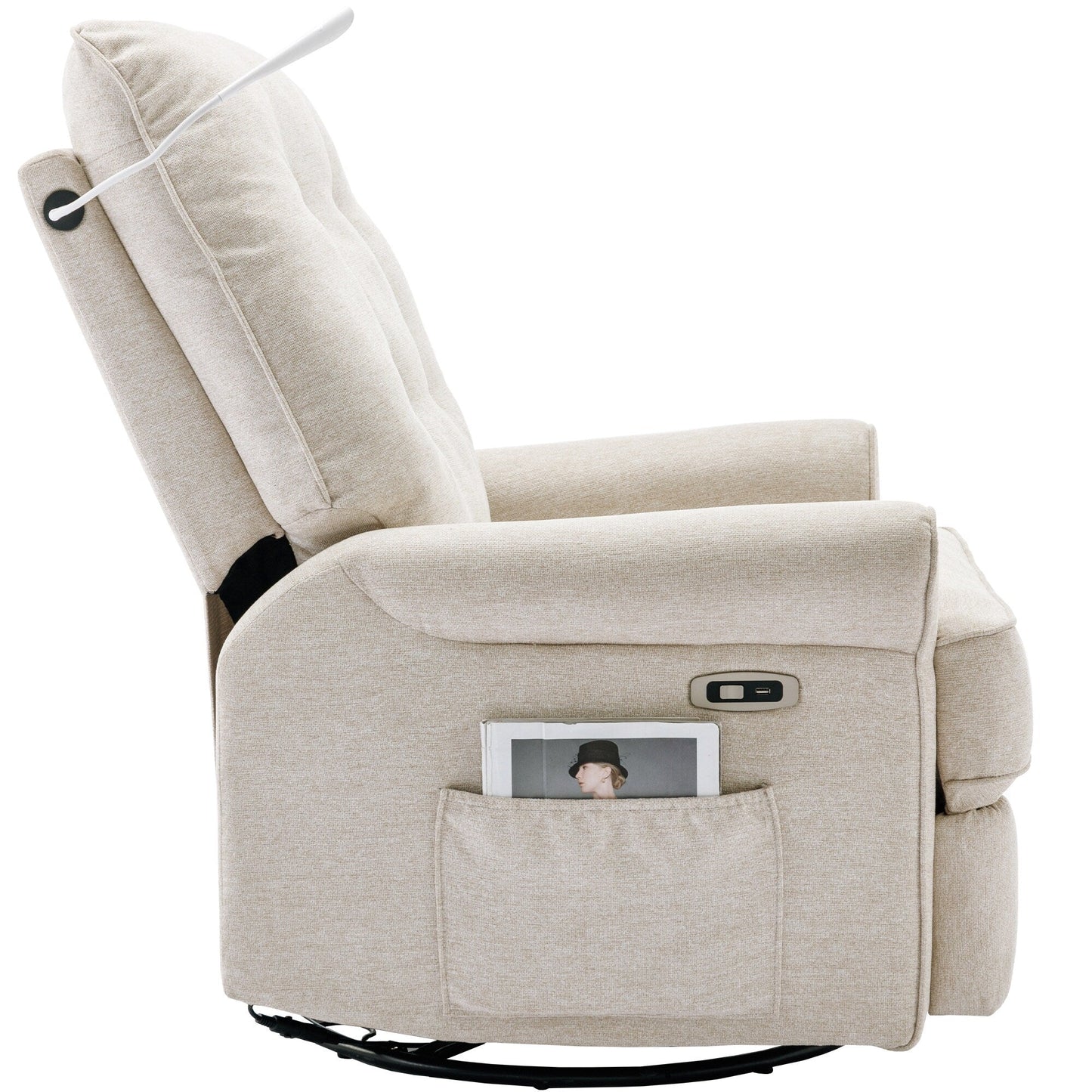 Poltrona reclinabile girevole a 270° con porte USB, lampada touch, tasca laterale portaoggetti e base basculante