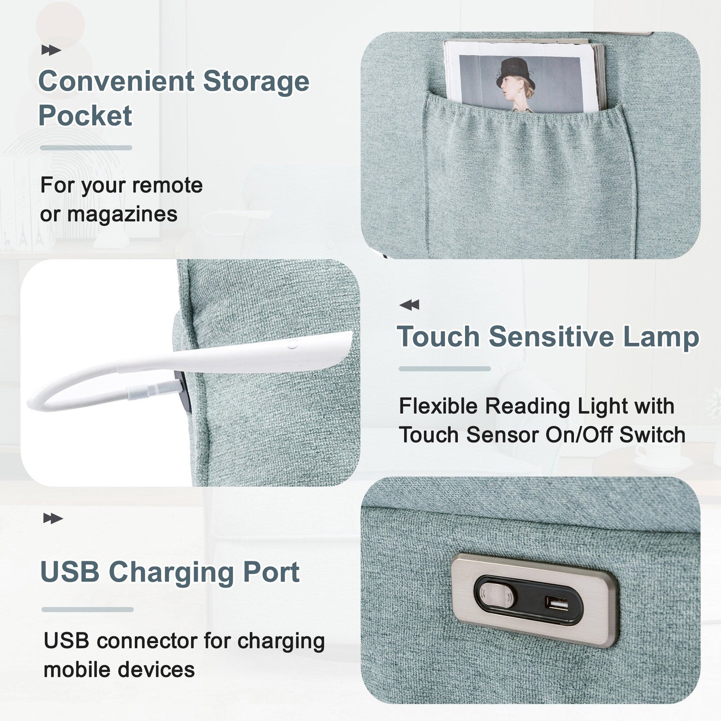 Poltrona reclinabile girevole a 270° con porte USB, lampada touch, tasca laterale portaoggetti e base basculante