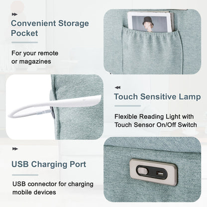 Poltrona reclinabile girevole a 270° con porte USB, lampada touch, tasca laterale portaoggetti e base basculante