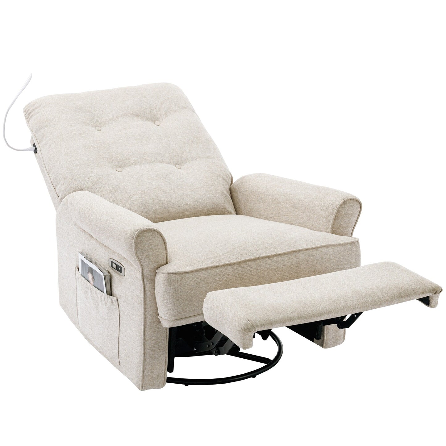 Poltrona reclinabile girevole a 270° con porte USB, lampada touch, tasca laterale portaoggetti e base basculante