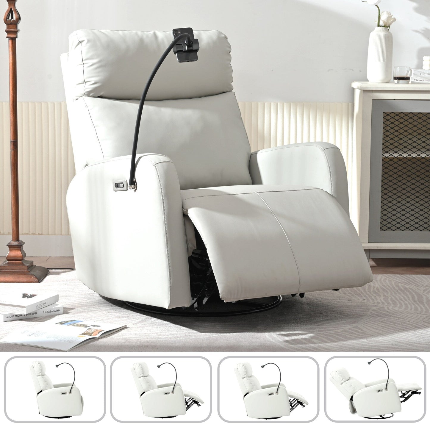 Poltrona reclinabile girevole a 270° con porte USB, reclinazione elettrica e comfort imbottito per il massimo relax