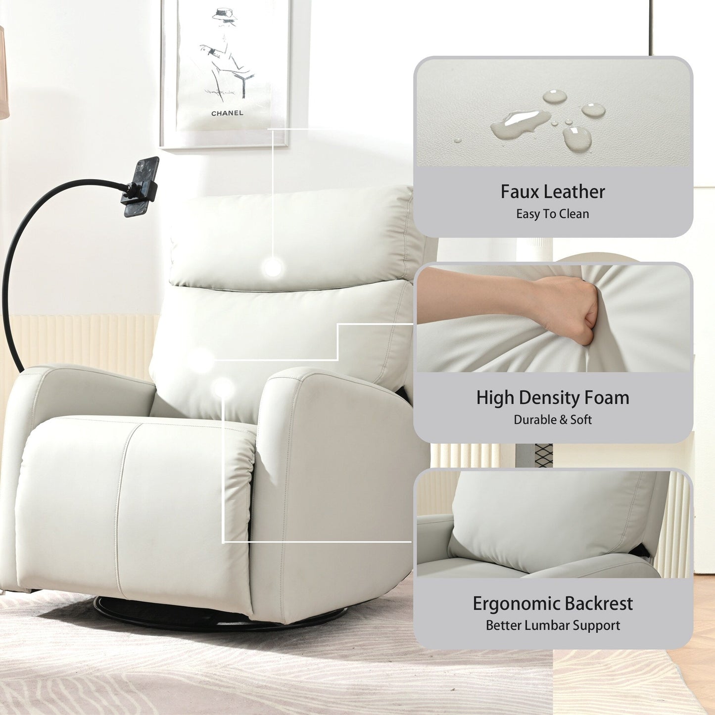 Poltrona reclinabile girevole a 270° con porte USB, reclinazione elettrica e comfort imbottito per il massimo relax