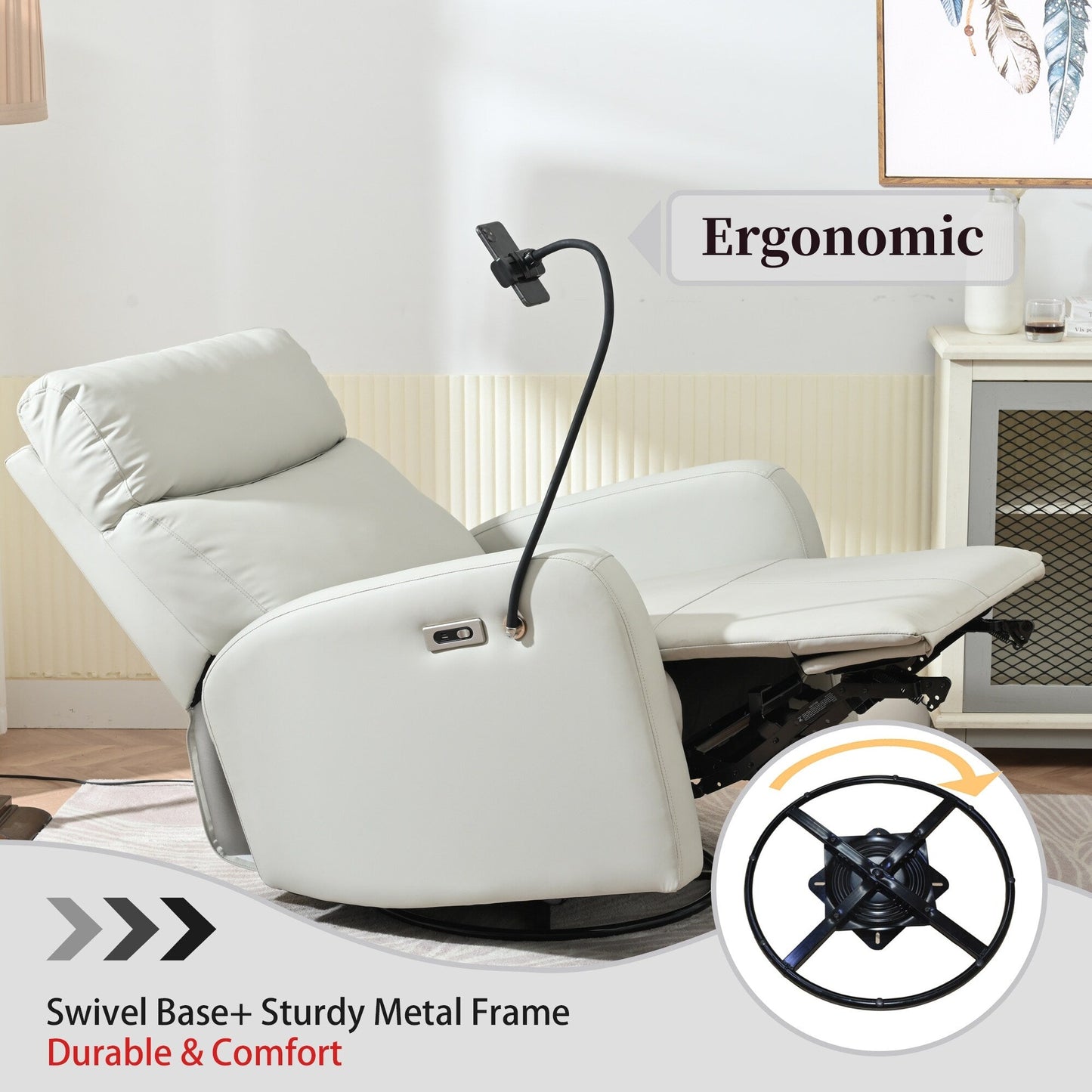 Poltrona reclinabile girevole a 270° con porte USB, reclinazione elettrica e comfort imbottito per il massimo relax