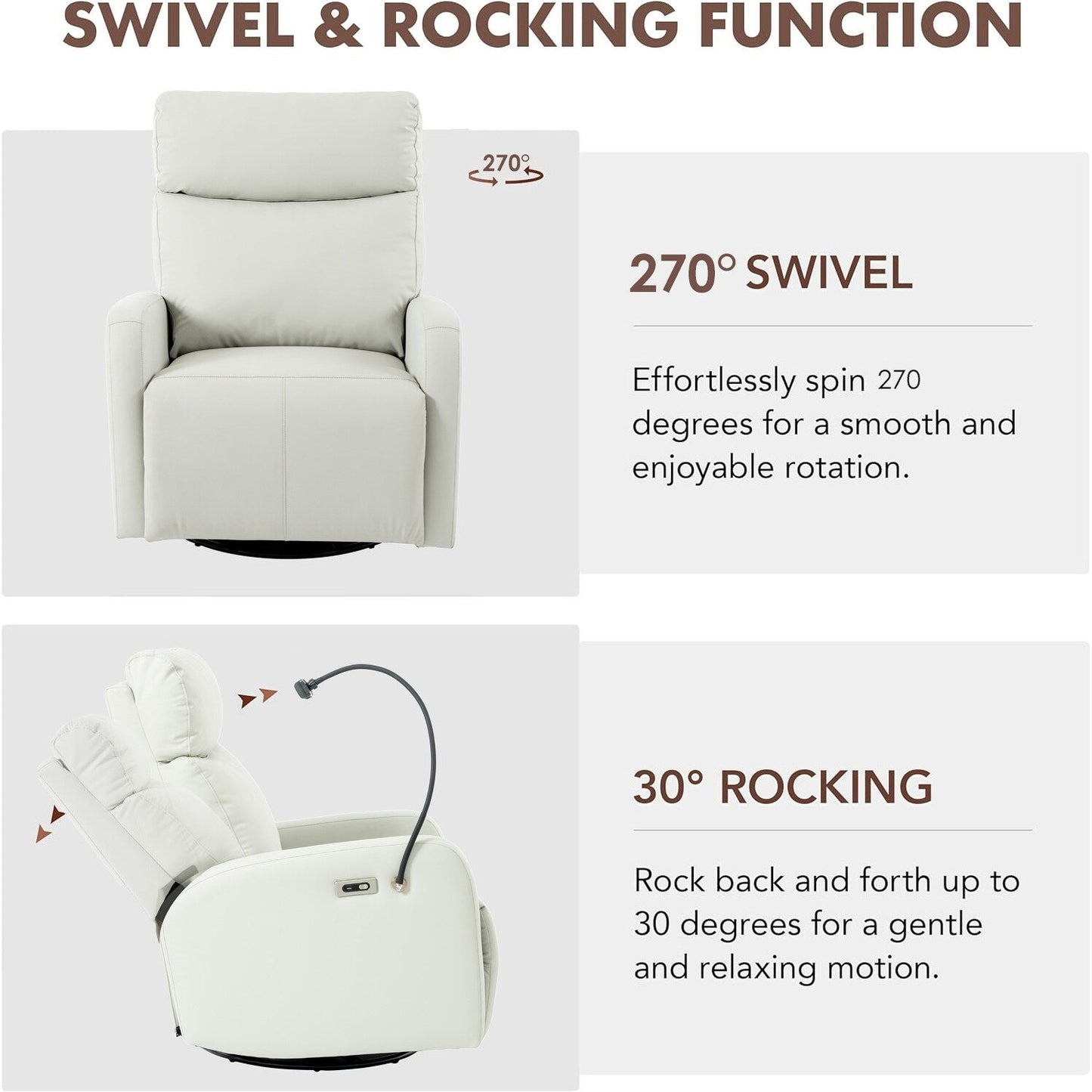 Poltrona reclinabile girevole a 270° con porte USB, reclinazione elettrica e comfort imbottito per il massimo relax