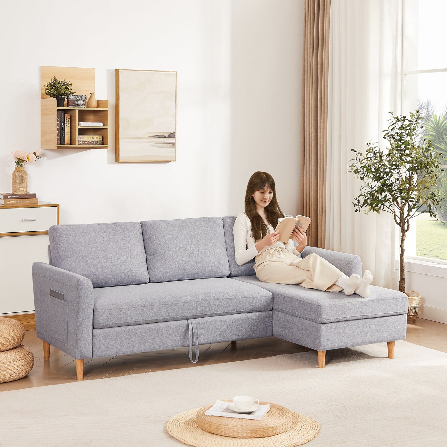 Divano letto regolabile in tessuto da 28,35'' a 3 posti con letto estraibile, chaise longue e tasche portaoggetti sui braccioli