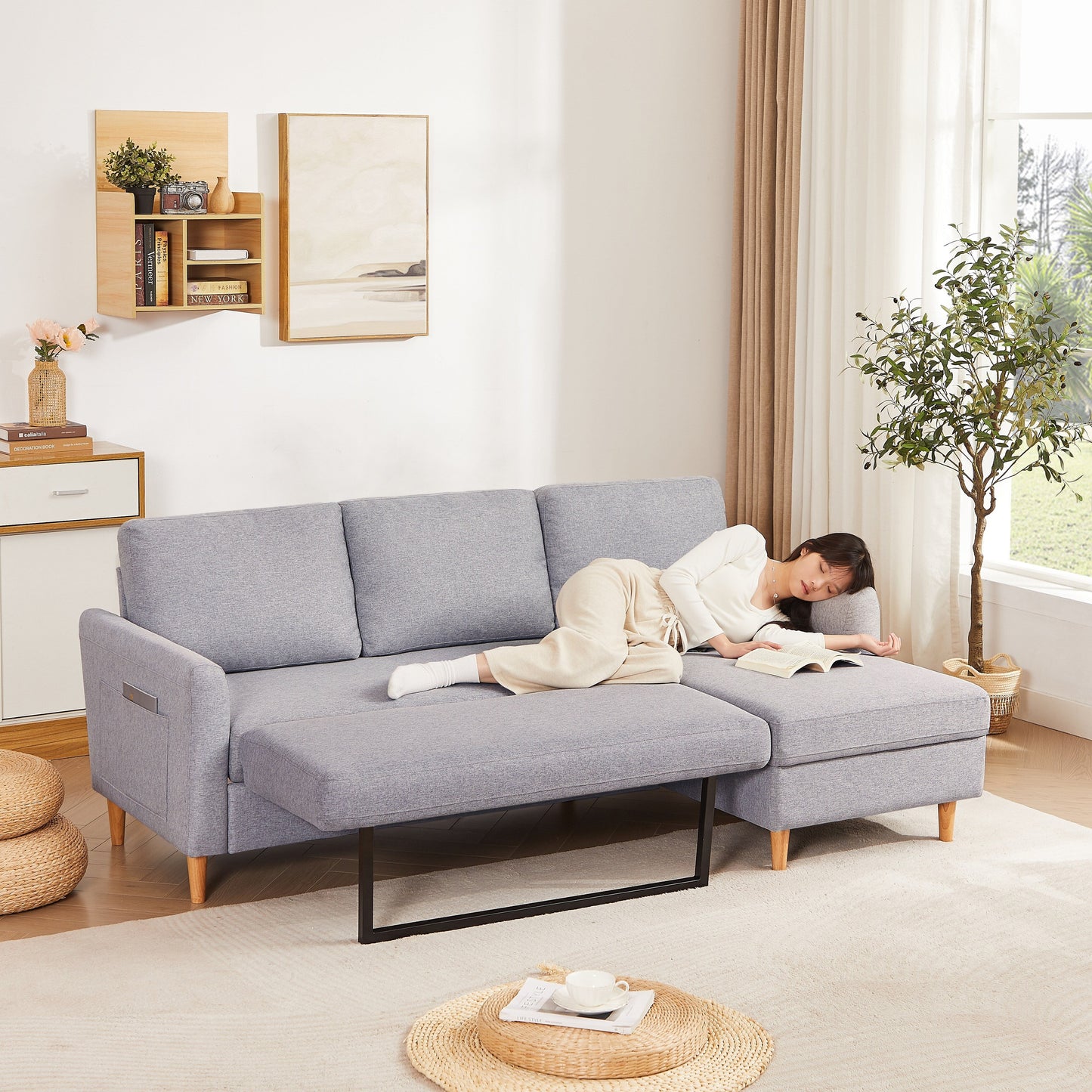 Divano letto regolabile in tessuto da 28,35'' a 3 posti con chaise longue, letto estraibile e tasche portaoggetti sui braccioli