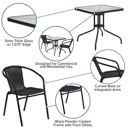 Set da pranzo da giardino in metallo/rattan da 3 pezzi con tavolo quadrato da 28 pollici - 28L x 28P x 28A