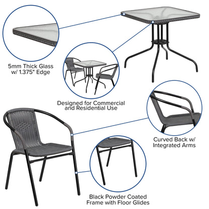 Set da pranzo da giardino in metallo/rattan da 3 pezzi con tavolo quadrato da 28 pollici - 28L x 28P x 28A