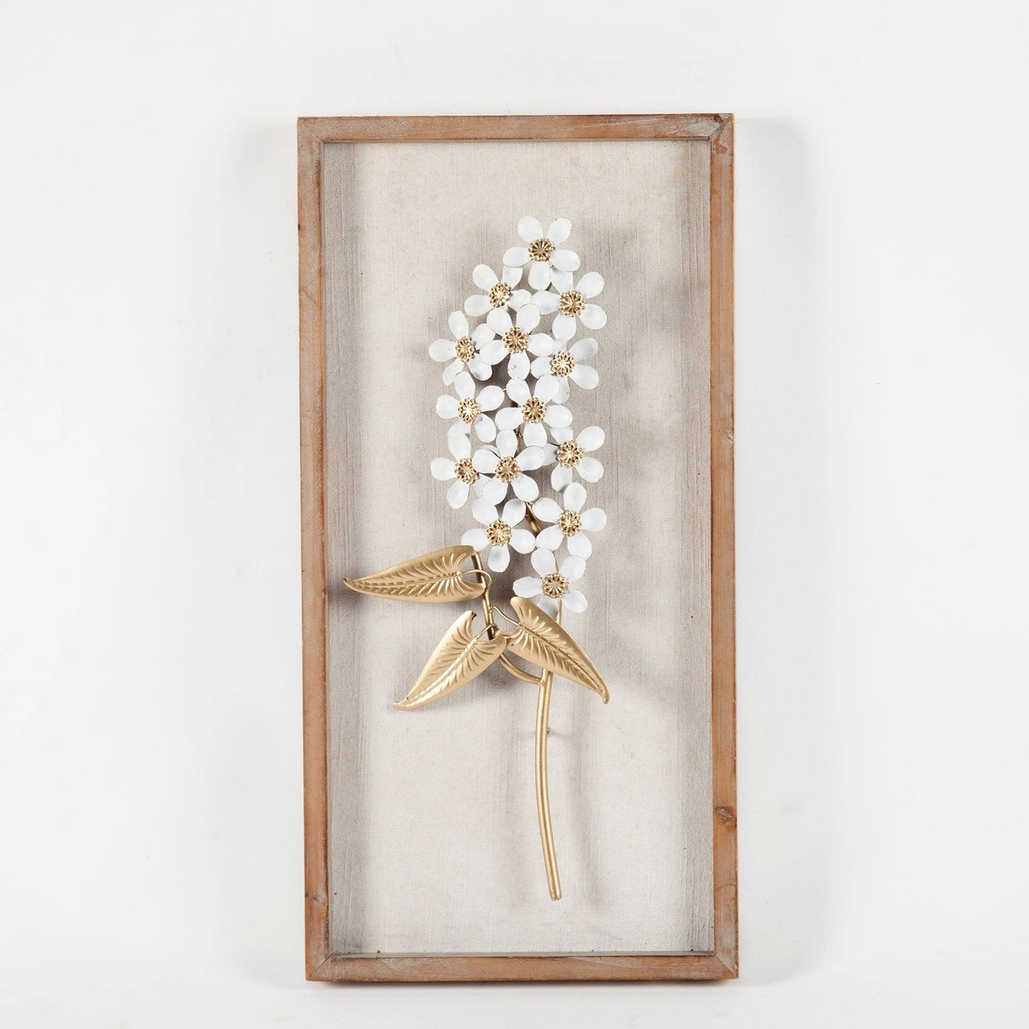 Decorazione da parete con bouquet di fiori in metallo bianco e oro e cornice in legno (set da 2)