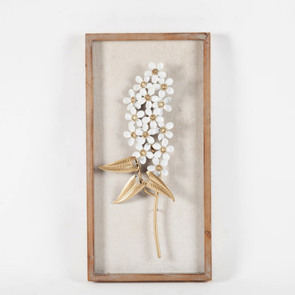 Decorazione da parete con bouquet di fiori in metallo bianco e oro e cornice in legno (set da 2)