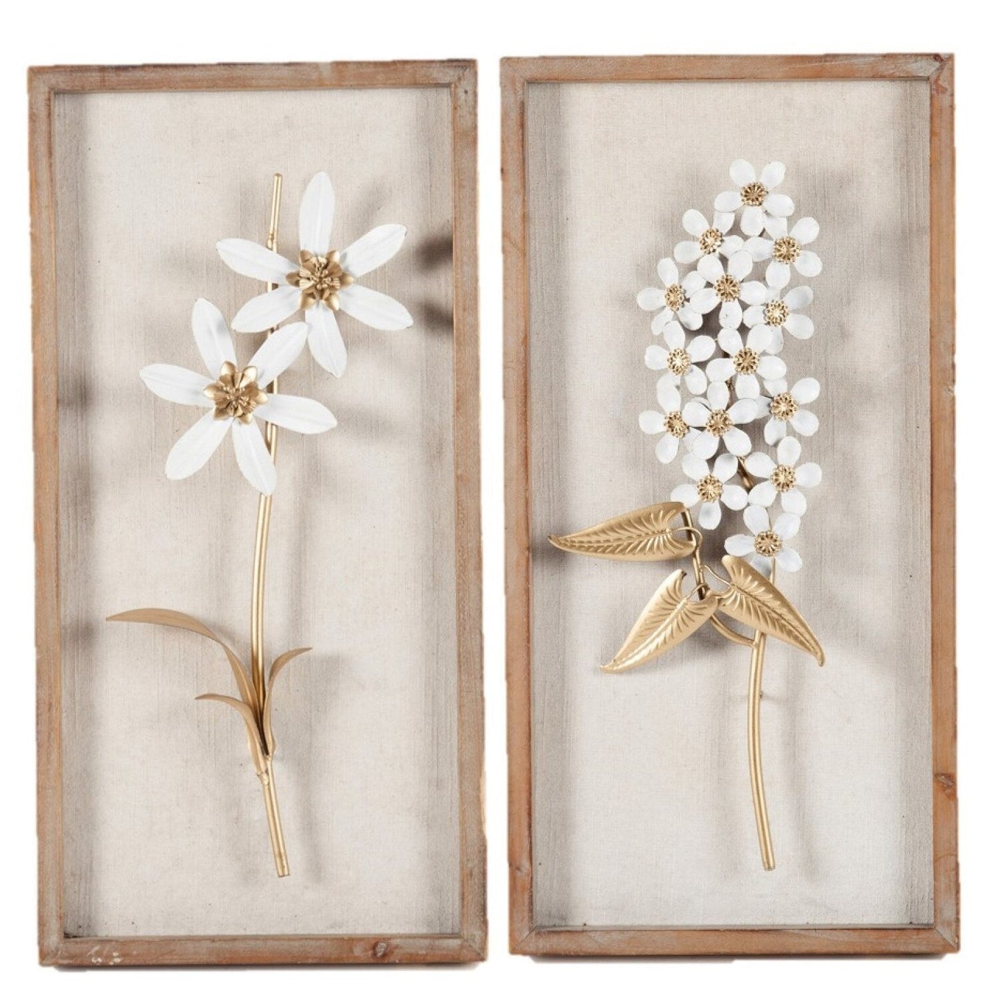 Decorazione da parete con bouquet di fiori in metallo bianco e oro e cornice in legno (set da 2)
