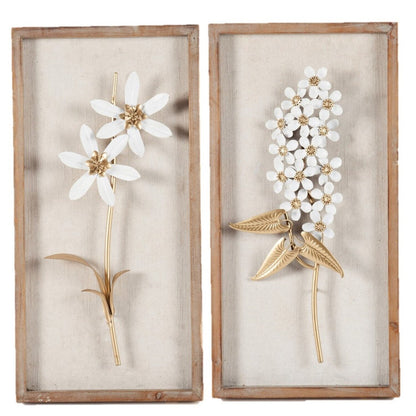 Decorazione da parete con bouquet di fiori in metallo bianco e oro e cornice in legno (set da 2)