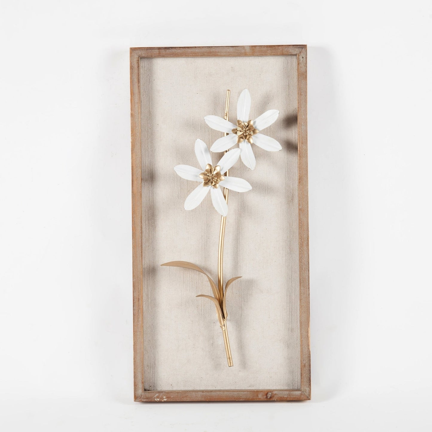 Decorazione da parete con bouquet di fiori in metallo bianco e oro e cornice in legno (set da 2)