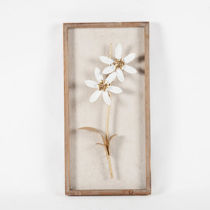 Decorazione da parete con bouquet di fiori in metallo bianco e oro e cornice in legno (set da 2)