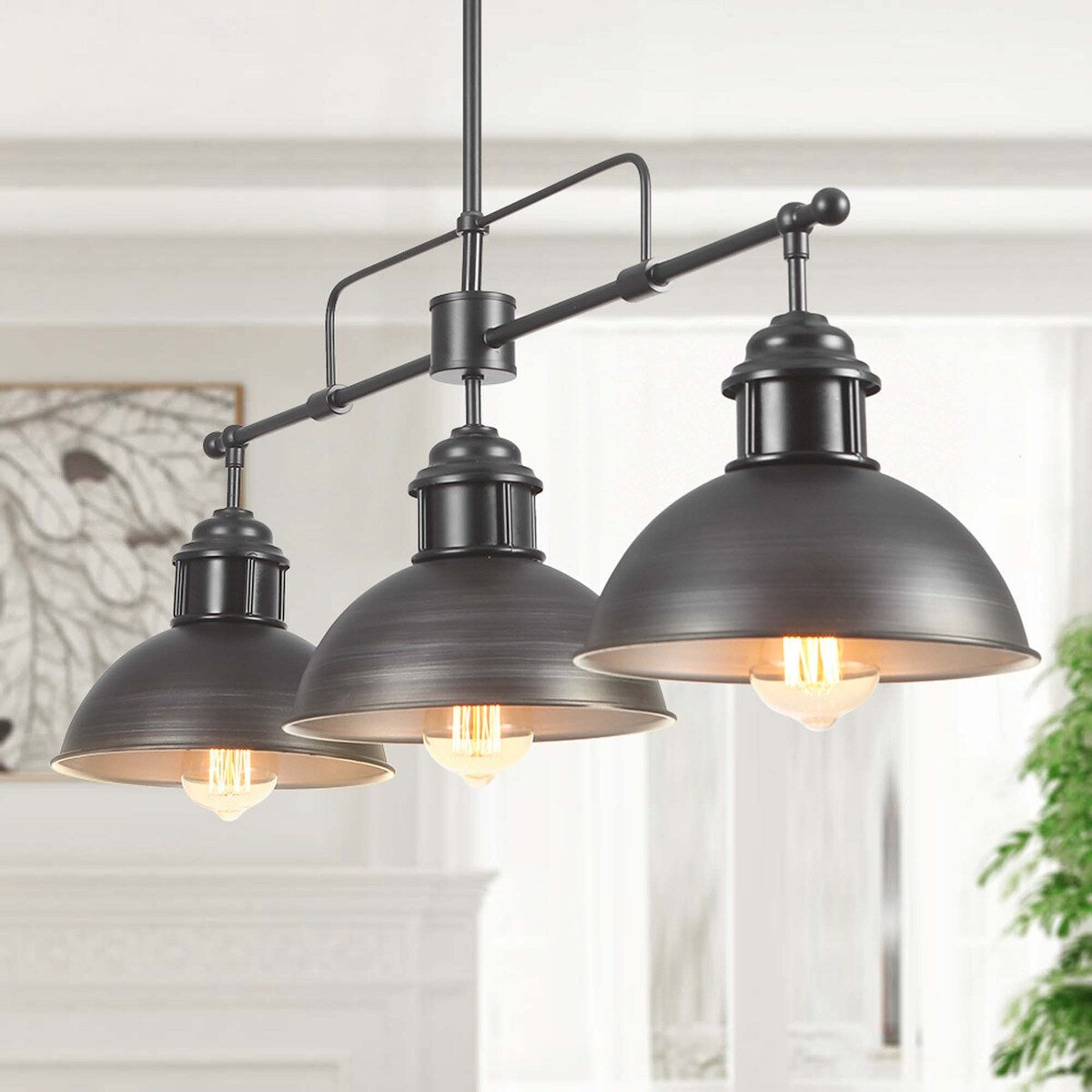Lampada a sospensione a cupola industriale a 3 luci, in metallo, lineare, per isola da cucina, finitura in bronzo oliato