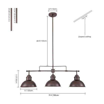 Lampada a sospensione a cupola industriale a 3 luci, in metallo, lineare, per isola da cucina, finitura in bronzo oliato