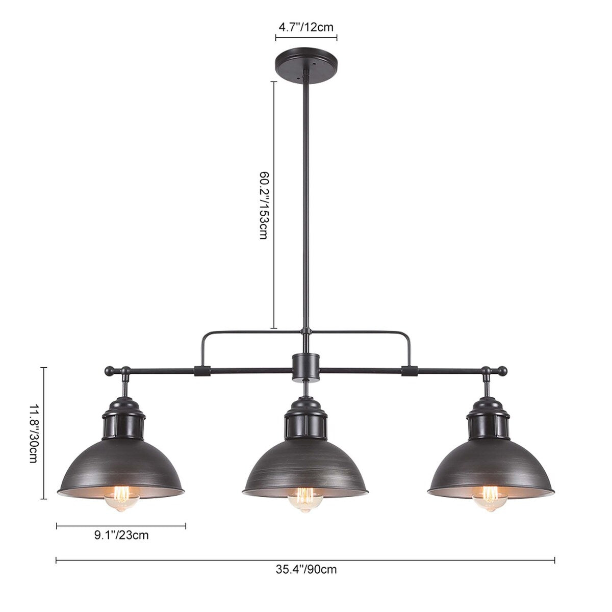 Lampada a sospensione a cupola industriale a 3 luci, in metallo, lineare, per isola da cucina, finitura in bronzo oliato