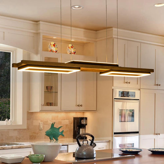 Lampadario lineare in legno a LED integrato da 3/5 luci per isola da cucina