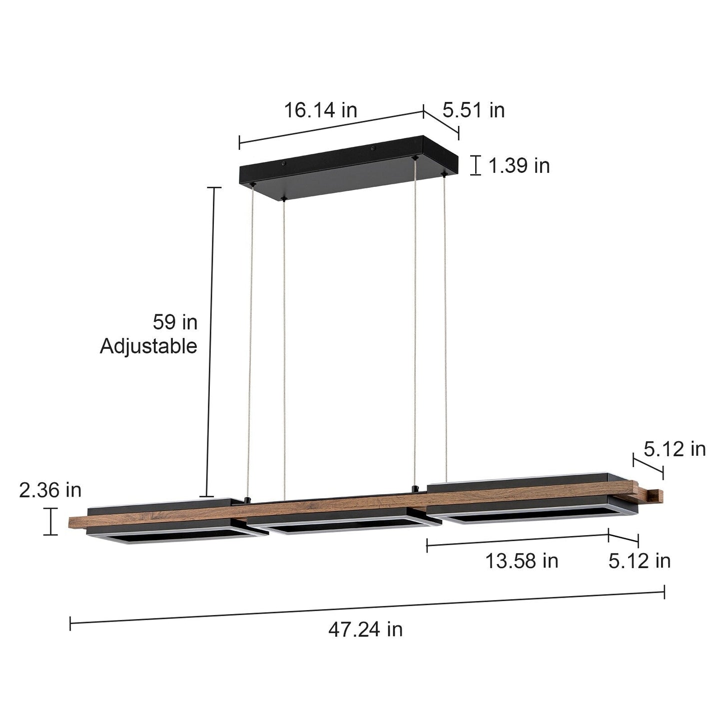 Lampadario lineare in legno a LED integrato da 3/5 luci per isola da cucina