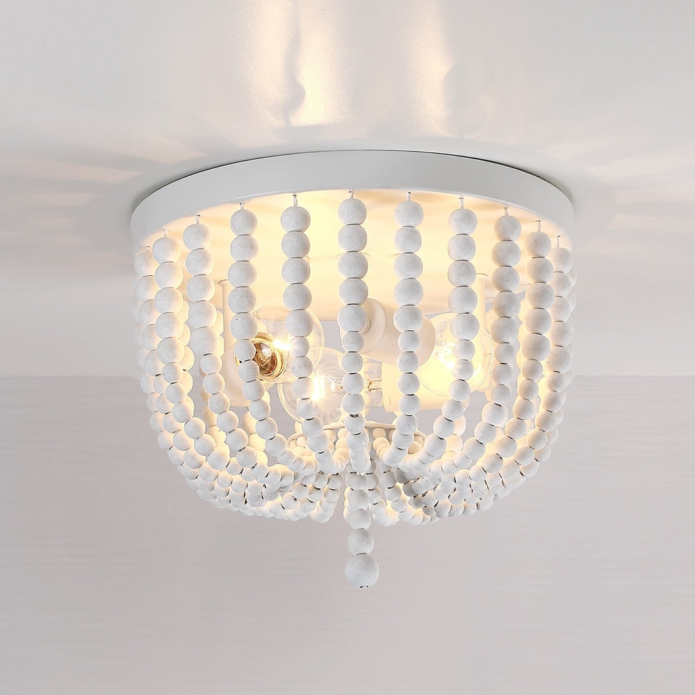 Lampada da soffitto a filo con perline in legno bianco antico Bohemia a 3 luci