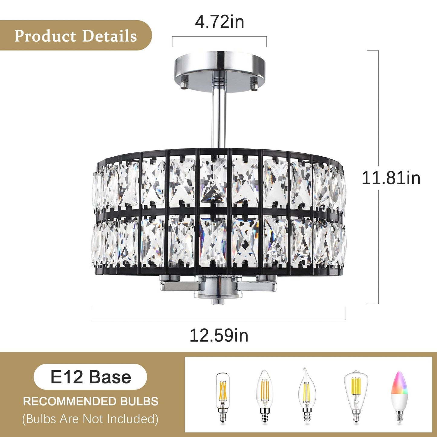 Lampadari semi-incassati in cristallo a 3 luci per soggiorno e corridoio