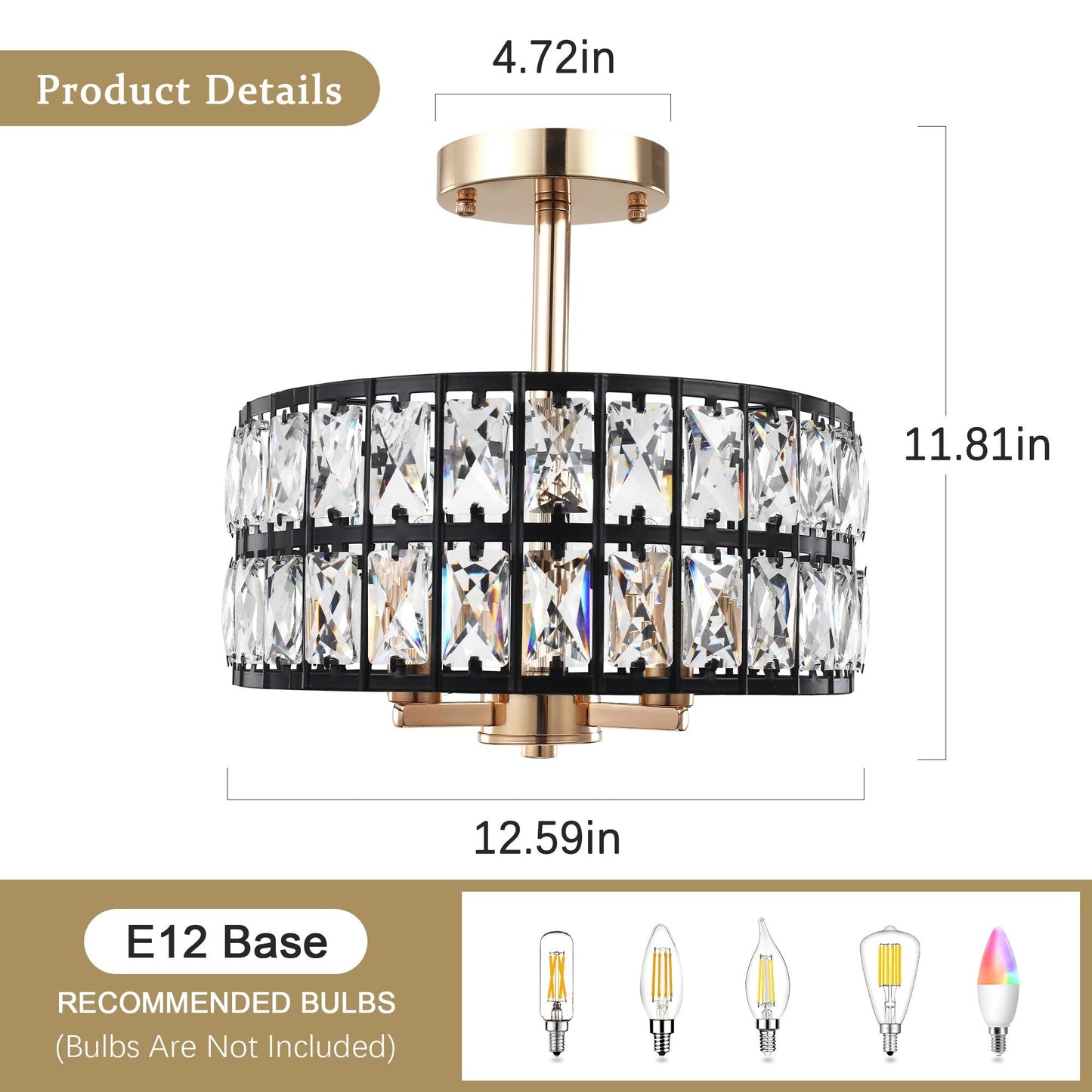 Lampadari semi-incassati in cristallo a 3 luci per soggiorno e corridoio