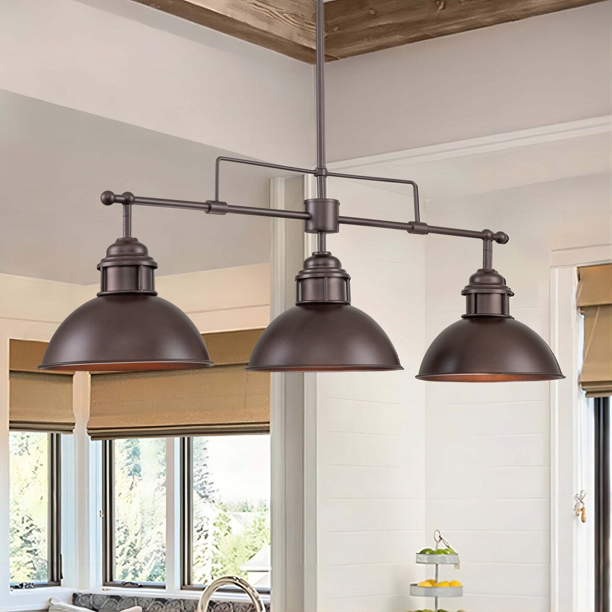 Lampada a sospensione a cupola industriale a 3 luci, in metallo, lineare, per isola da cucina, finitura in bronzo oliato