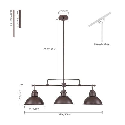 Lampada a sospensione lineare a cupola in metallo retrò da fattoria a 3 luci/luci per isola cucina