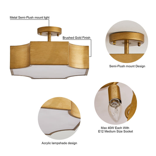 Lampada da soffitto moderna a 3 luci, montaggio semi-incassato, color oro
