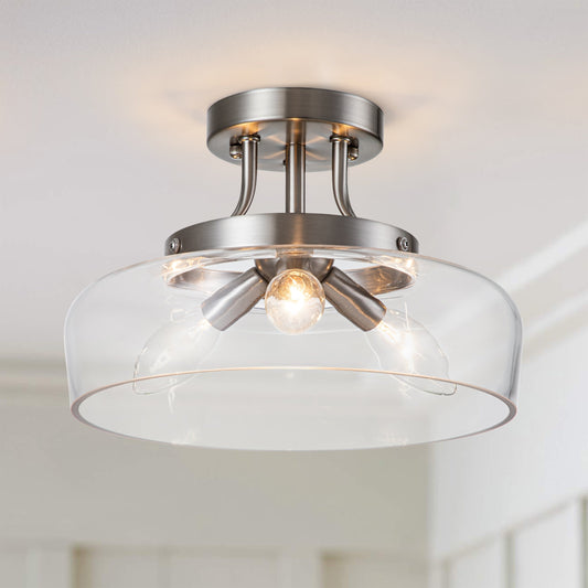 Lampada da soffitto semi-incassata a 3 luci in nichel satinato con paralume in vetro C Cattleya