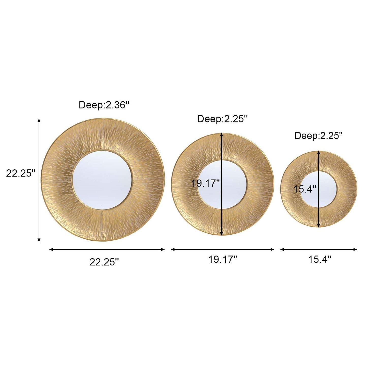 Set di 3 specchi da parete rotondi in metallo dorato - Diametro 22,25 x P 2,36