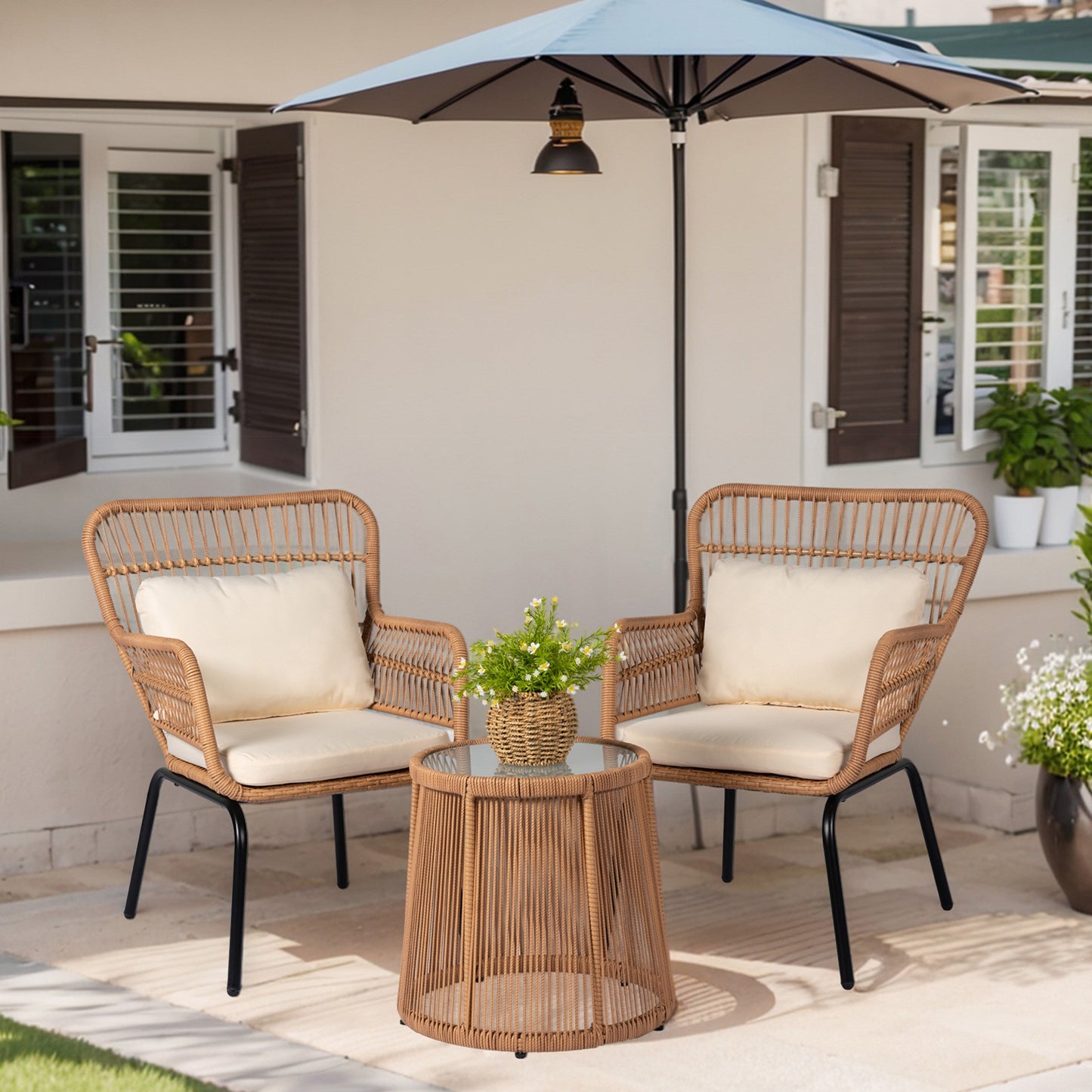 Set da bistrot da conversazione in vimini da esterno, 3 pezzi, set di sedie da giardino in rattan per tutte le stagioni con cuscini