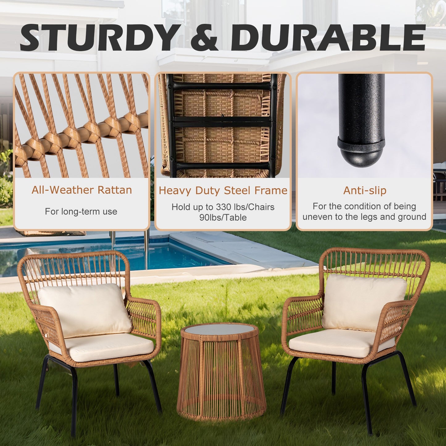 Set da bistrot da conversazione in vimini da esterno, 3 pezzi, set di sedie da giardino in rattan per tutte le stagioni con cuscini