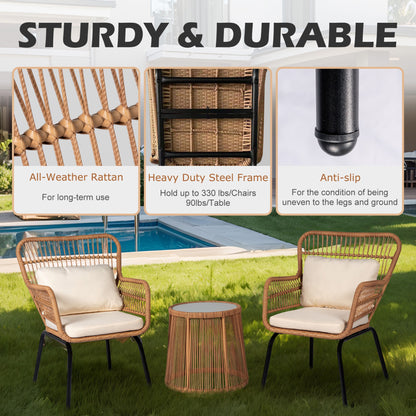 Set da bistrot da conversazione in vimini da esterno, 3 pezzi, set di sedie da giardino in rattan per tutte le stagioni con cuscini
