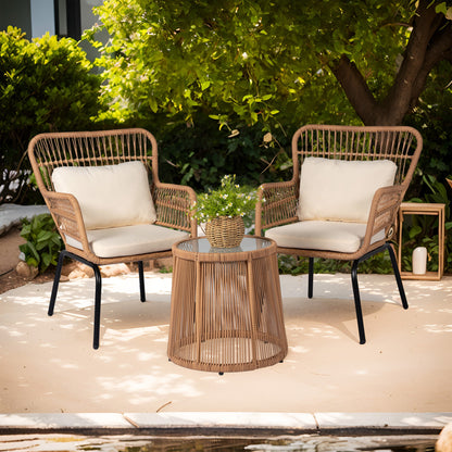 Set da bistrot da conversazione in vimini da esterno, 3 pezzi, set di sedie da giardino in rattan per tutte le stagioni con cuscini