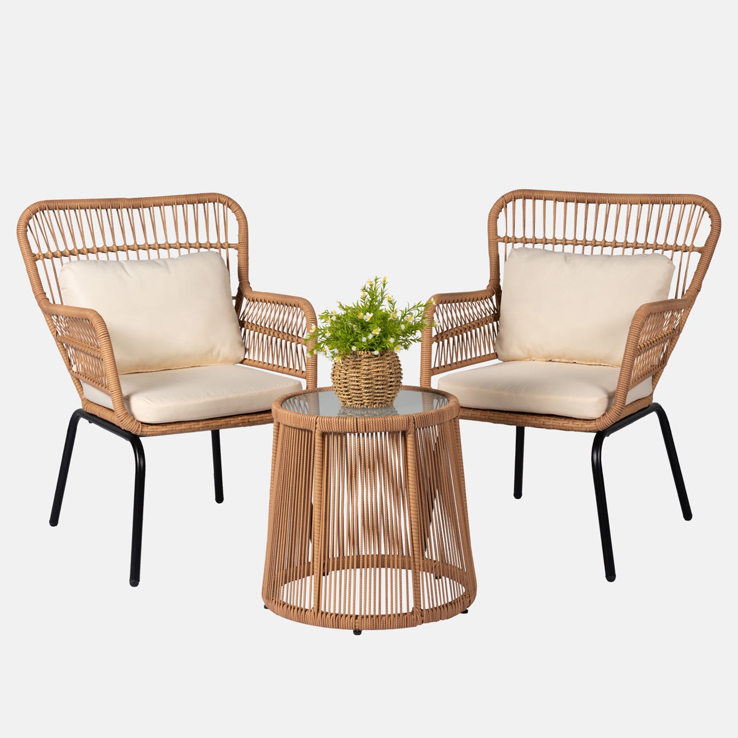 Set da bistrot da conversazione in vimini da esterno, 3 pezzi, set di sedie da giardino in rattan per tutte le stagioni con cuscini