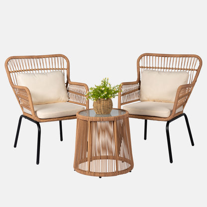 Set da bistrot da conversazione in vimini da esterno, 3 pezzi, set di sedie da giardino in rattan per tutte le stagioni con cuscini