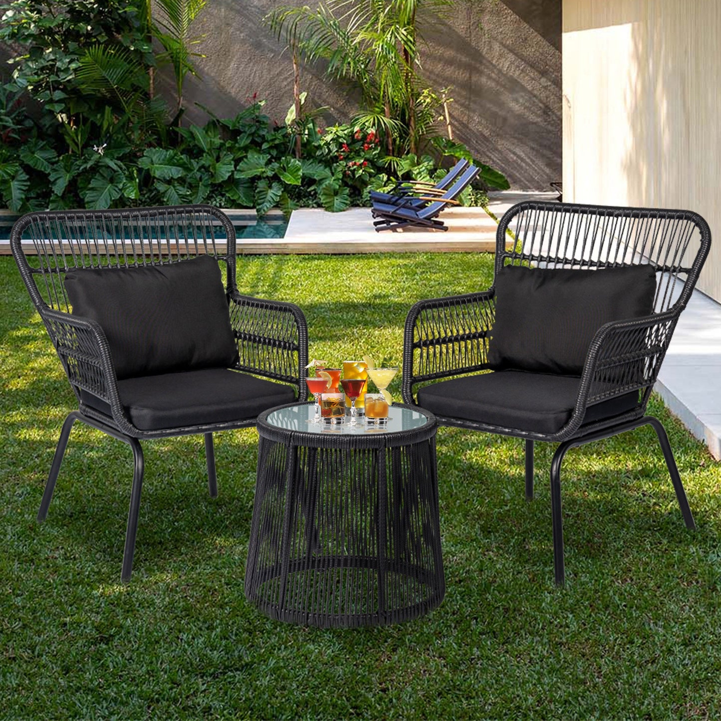 Set da bistrot da conversazione in vimini da esterno, 3 pezzi, set di sedie da giardino in rattan per tutte le stagioni con cuscini