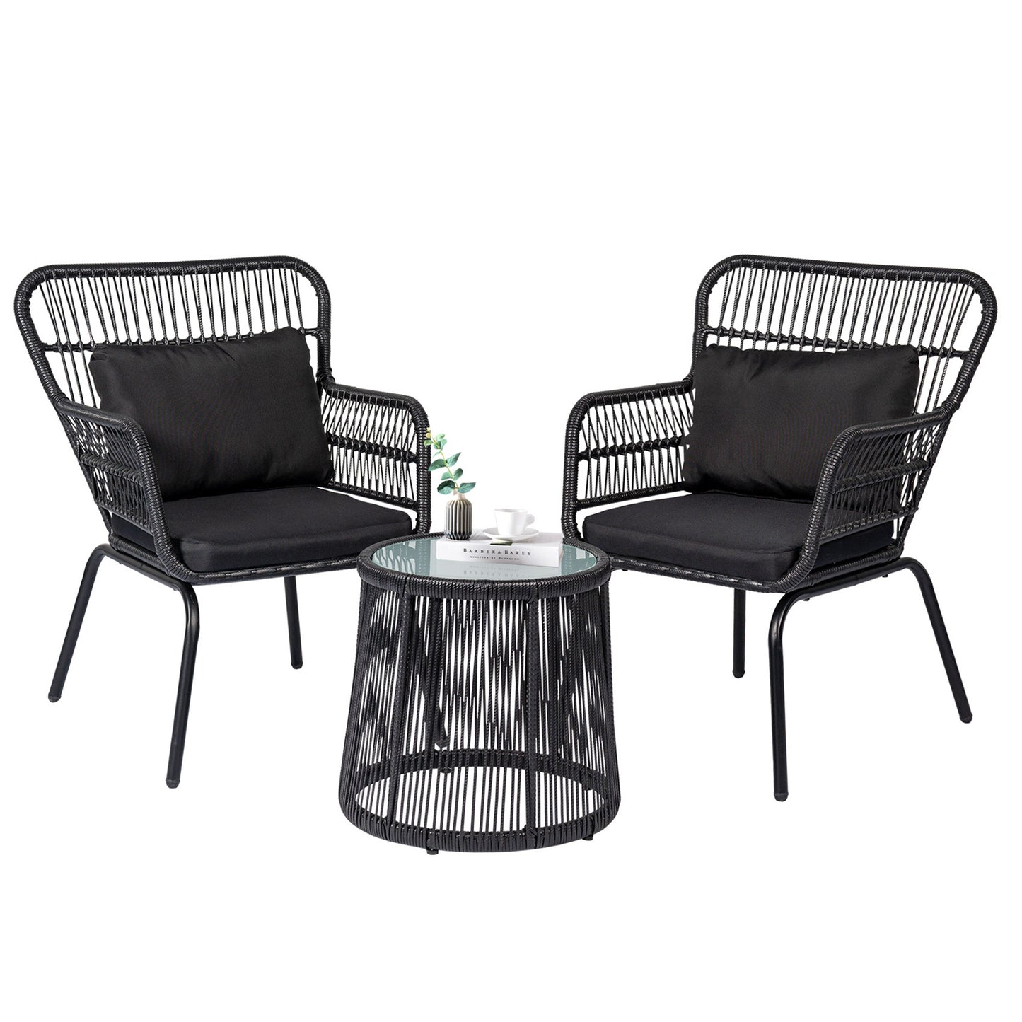 Set da bistrot da conversazione in vimini da esterno, 3 pezzi, set di sedie da giardino in rattan per tutte le stagioni con cuscini