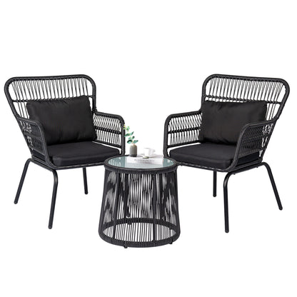 Set da bistrot da conversazione in vimini da esterno, 3 pezzi, set di sedie da giardino in rattan per tutte le stagioni con cuscini