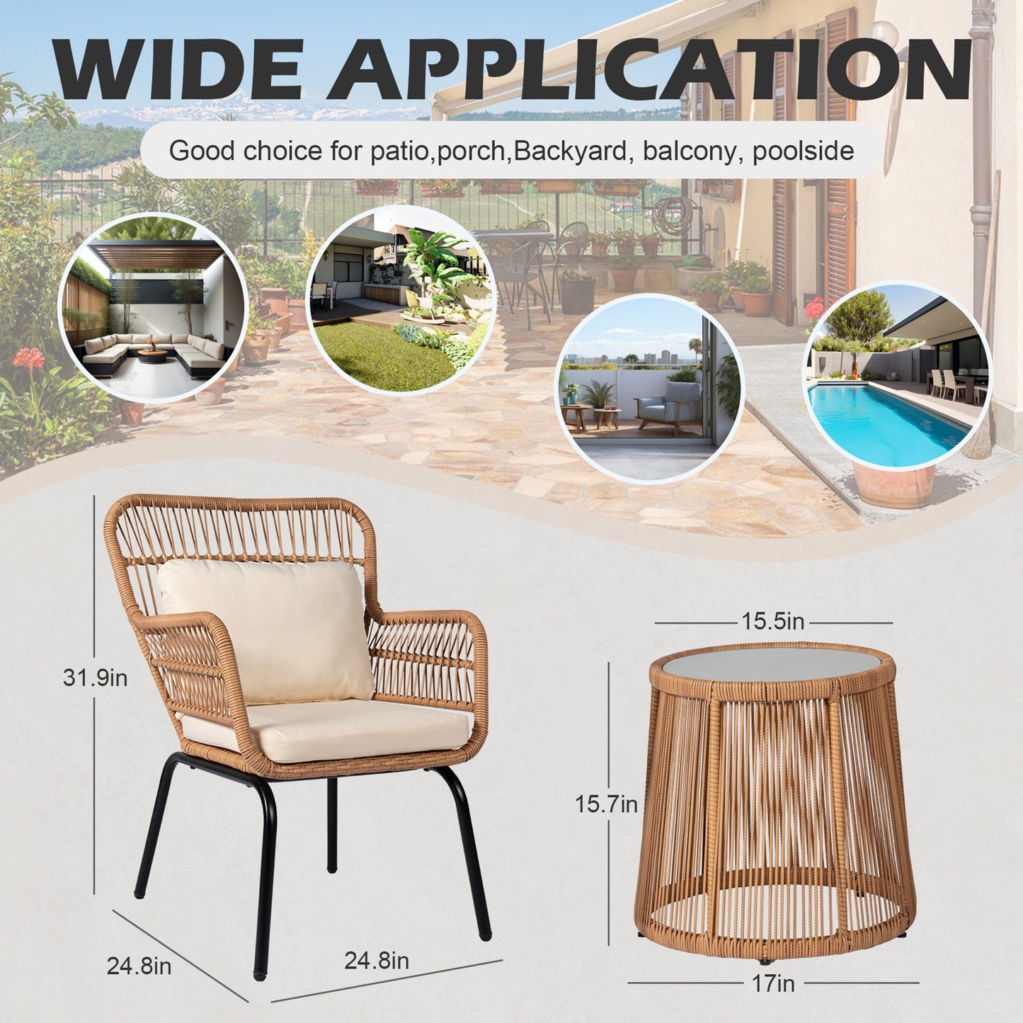 Set da bistrot da conversazione in vimini da esterno, 3 pezzi, set di sedie da giardino in rattan per tutte le stagioni con cuscini
