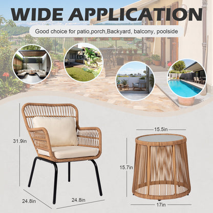 Set da bistrot da conversazione in vimini da esterno, 3 pezzi, set di sedie da giardino in rattan per tutte le stagioni con cuscini
