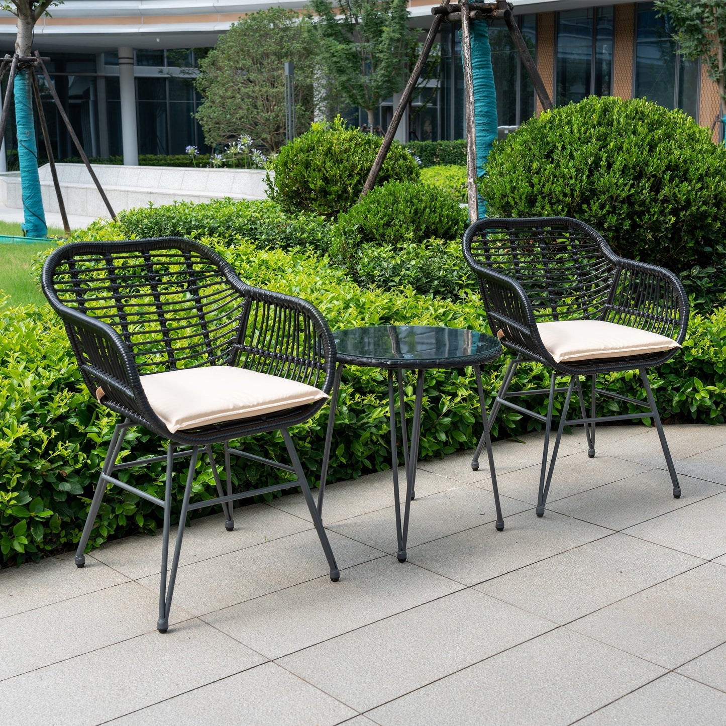 Set da 3 pezzi per mobili da esterno in vimini, da patio, da bistrot, con cuscini, per veranda, piscina, giardino - 21,2 L x 23,6 W x 31,5 H