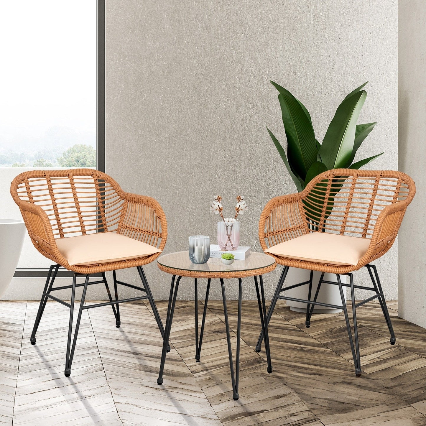 Set da 3 pezzi per mobili da esterno in vimini, da patio, da bistrot, con cuscini, per veranda, piscina, giardino - 21,2 L x 23,6 W x 31,5 H
